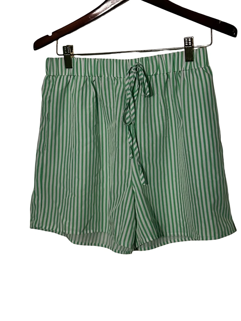 SHEIN Green and White Vertical Stripe Drawstring Shorts